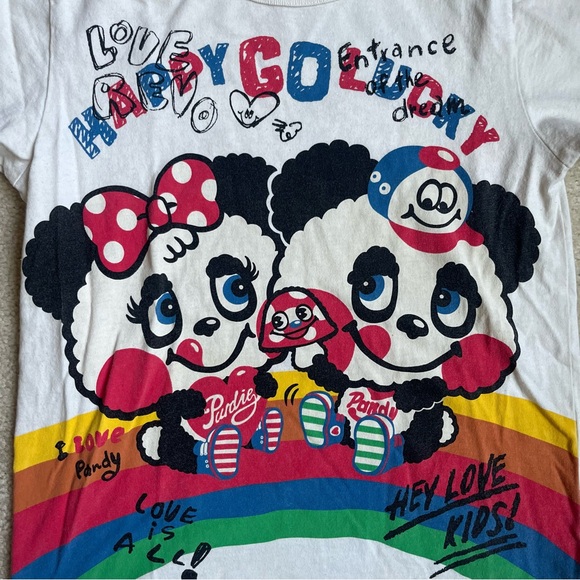 Japanese Brand y2k Love Revolution Panda Rainbow Graphic White Baby Tee - Picture 3 of 7